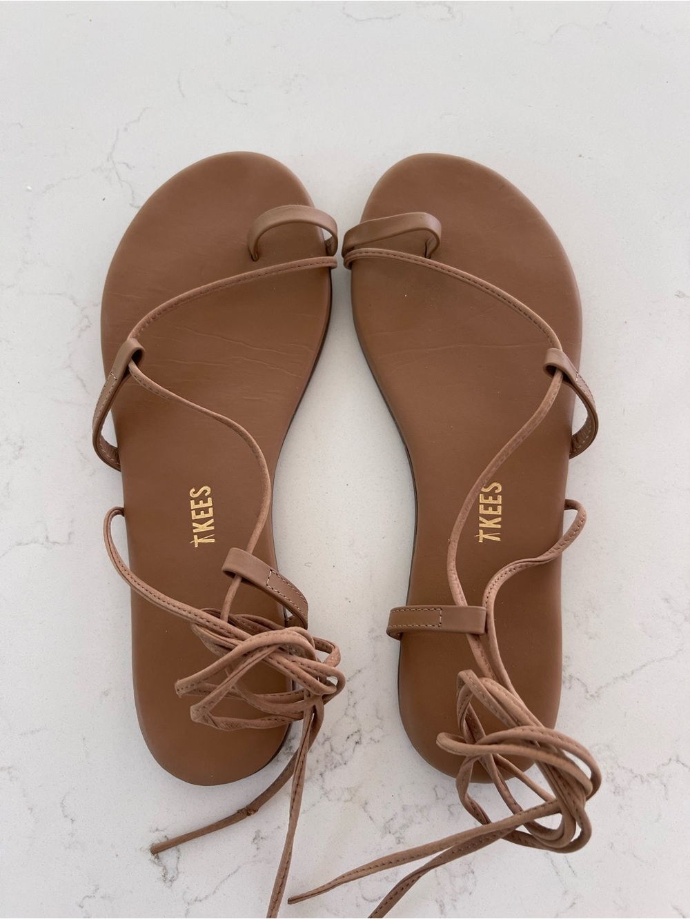TKEES Tan Lace-Up Leather Toe-Loop Sandals